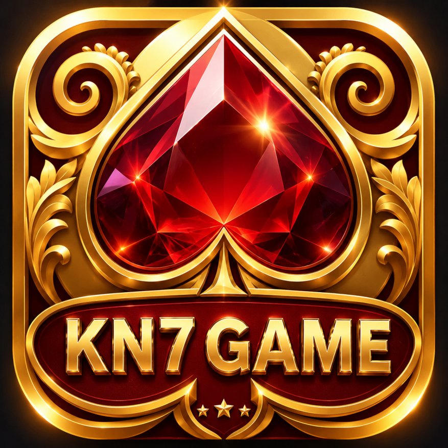KN7 Game logo featuring a luxurious gold frame with a large red crystal spade symbol on a dark red background, designed for online gaming and casino branding.