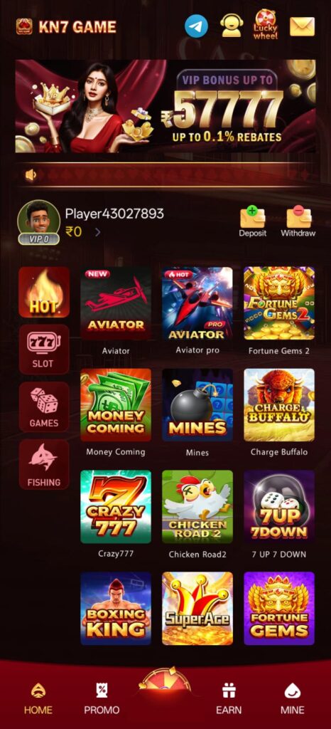 KN7 Game home menu interface with modern design, quick navigation, and premium online gaming features.