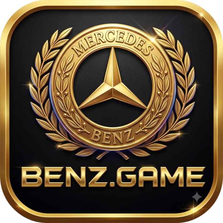 Golden Mercedes Benz logo icon with gold wreath border on black background for Benz Game APK